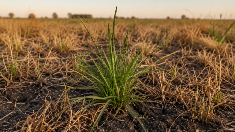 Planta verde creciendo entre pasto seco en un campo al atardecer