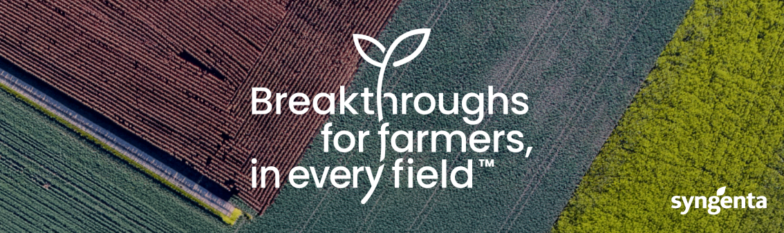 Banner con campos y texto: “Breakthroughs for farmers, in every field”.